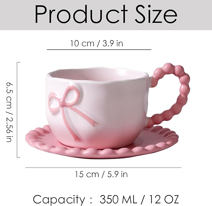 Bow Coffee Mug Pink Coquette Coffee Mugs Set with Saucer 12 OZ Porcelain Tea Cup Bow Cute Mug for Women Girl