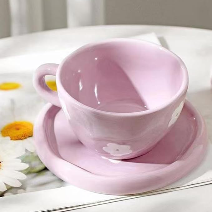 Coffee Mugs Set with Saucer Cute Purple Flowers Cup Gifts for Women for Birthday Tea Coffee Mug Saucer 250 ML Ceramic Cup Birthday Gift for Women Girls Mom Friend Coffee Mug aucer Set