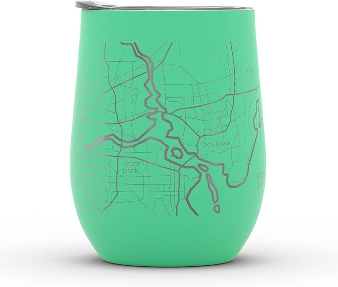 Well Told Engraved Houston Texas Map Insulated Wine Tumbler, Etched Stainless Steel Cup (12 oz, Sunday Green) City Map Insulated Tumbler, Custom Insulated Tumbler, Outdoor Drinkware