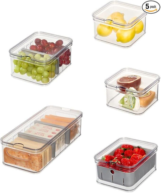 iDesign Crisp 5-Piece Recycled Plastic Refrigerator Organizer Bin Set with Lids, Clear/Gray