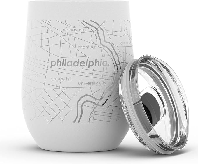 Well Told Engraved Philadelphia Pennsylvania Map Insulated Wine Tumbler, Etched Stainless Steel Wine Tumbler (12 oz, White) City Map Insulated Tumbler, Custom Insulated Tumbler, Outdoor Drinkware