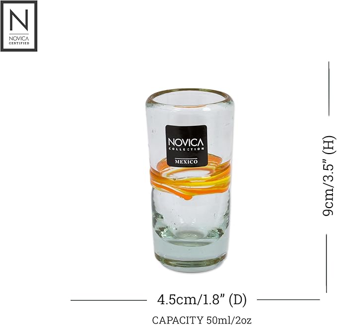 NOVICA Artisan Crafted Yellow Spiral Clear Recycled Tequila Shot Glasses, 2 Oz. 'Ribbon Of Sunshine' (Set Of 6)