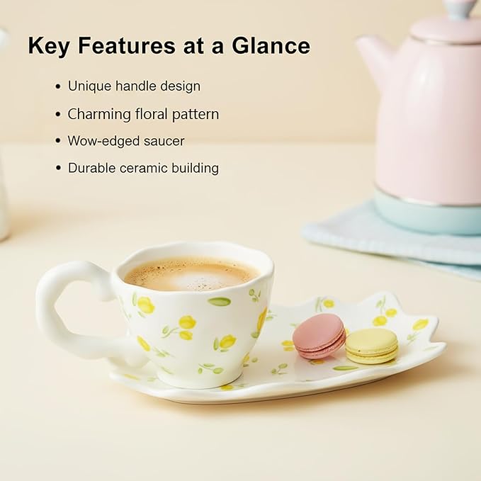 Unique Ceramic Coffee Mug, Cup and Saucer Set, Cute Fancy Girly Afternoon Tea Set Purse Gift, 5.4 oz/160 ml Yellow flowers
