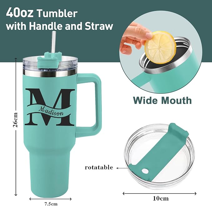 Personalized 40 Oz Tumbler with Handle and Straw, Custom Cup with Name & Birth Flower, Stainless Steel Travel Coffee Tumbler,Personalized Christmas Birthday Gifts for Women, Teen Girls