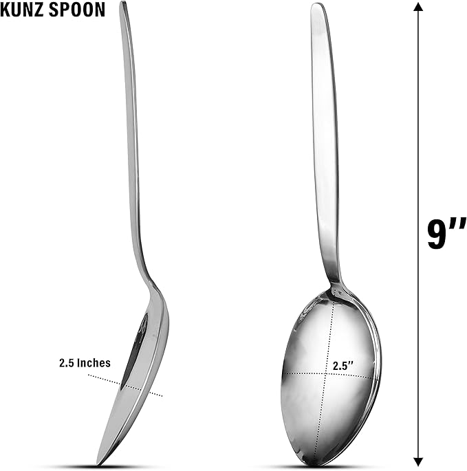 Chef Kunz Spoon Set | Pack of 2 | 18/10 Stainless Steel Serving Spoons | 9 Inch Basting Quenelle Chef Cooking Utensils Dinner Plating Spoon