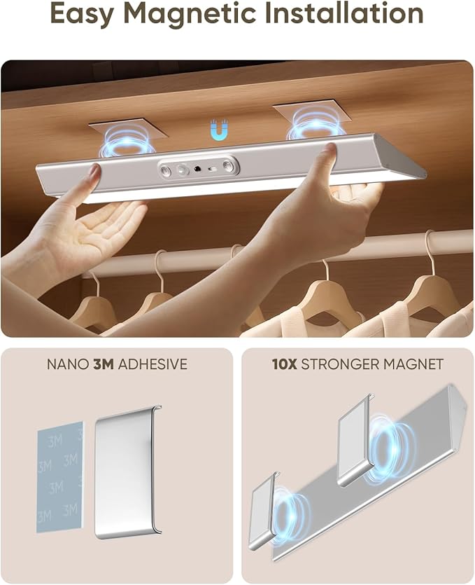 Motion Sensor Closet Lights, Eye Protection Design Under Cabinet Lighting Wireless with Remote Control, 3 Color Temps & Dimmable, Rechargeable Closet Lights for Kitchen, Wardrobe, Shelf, Pantry