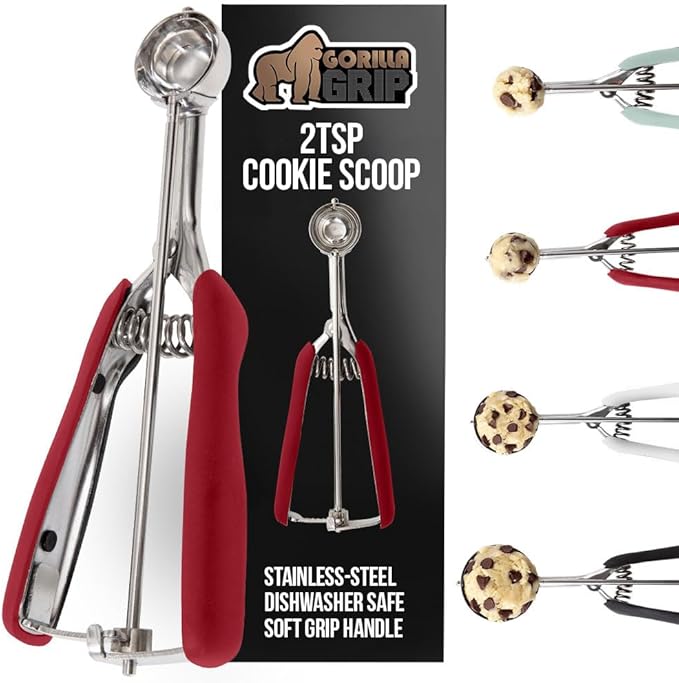 GORILLA GRIP BPA-Free Stainless Steel Cookie Scoop, 2 TSP Scooper #100, Soft Grip Handle, Easy Food Release, Create Even Portion Sizes, Multipurpose Kitchen Melon Baller, Meatball Spring Scoops, Red