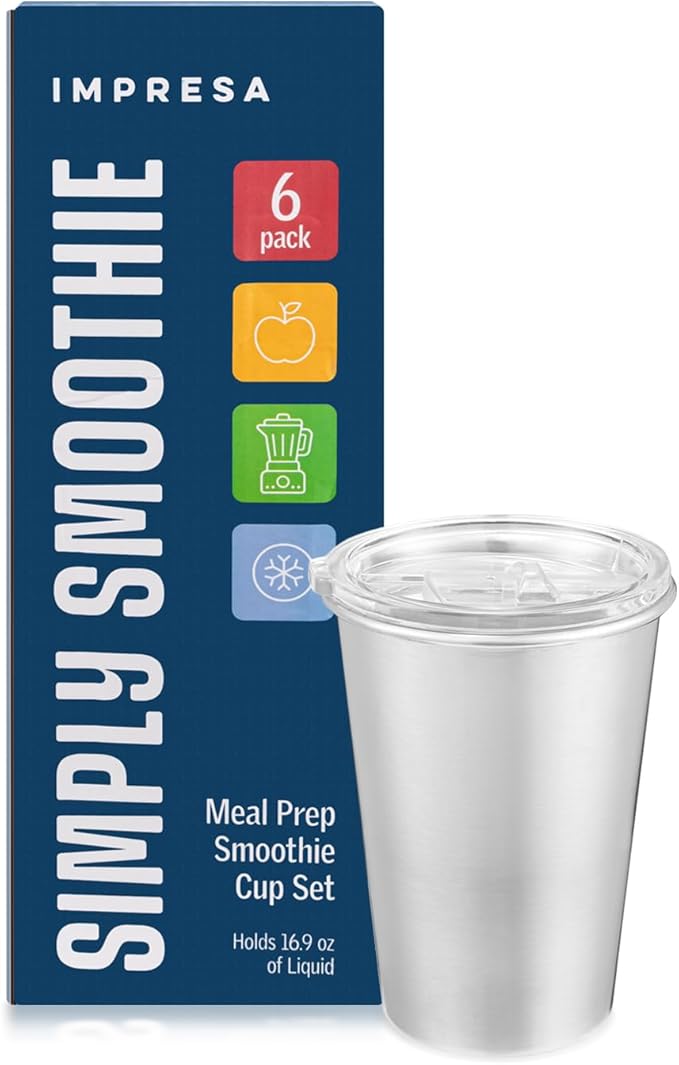 IMPRESA Smoothie Cups for Freezer - 16.9 Oz Stainless Steel Glossy Silver 6-Pack - Reusable Slide-Top Spill-Resistant Lids & Dry-Erase Friendly - Meal Prep Smoothie Storage Containers