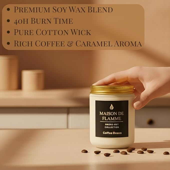 Coffee Beans Odor-Eliminating Scented Candle, 200g/7oz White Jar – Long-Lasting Soy Wax Blend Candle for Smoke, Kitchen & Home Odors