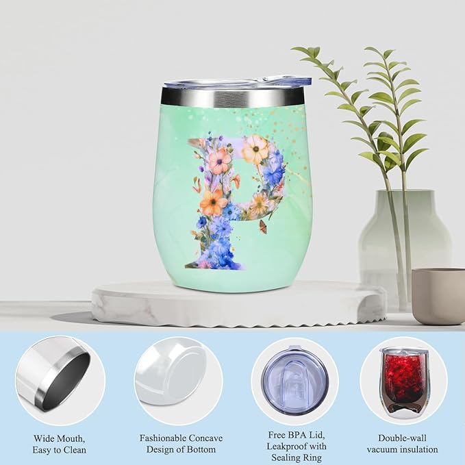 Personalized Gifts for Women Monogrammed Birthday Gifts for Women, Wife Girlfriend Wedding Christmas, Initial Wine Tumbler Makeup Bag Scented Candle Bracelet Set, (Aesthetic Green Flower P)
