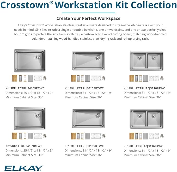 Elkay EFRU30169RTWC Crosstown 31-1/2" Undermount Single Basin Stainless Steel Kitchen Workstation Sink with Basin Rack, Basket Strainer, Colander, and Cutting Board - Stainless Steel