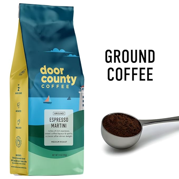 Door County Coffee Espresso Martini Flavored Ground - Medium Roast - 10 oz Bag - 100% Specialty Grade 1 Arabica