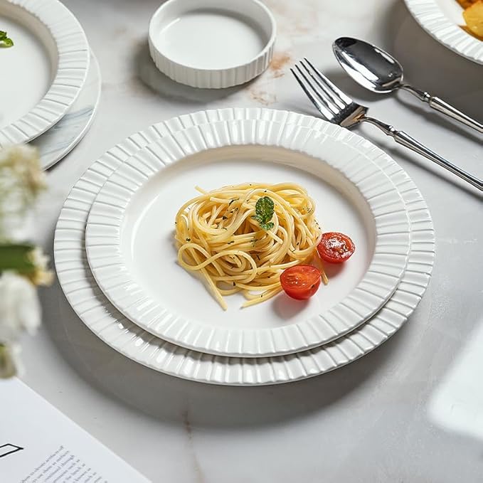 12-Piece White Ceramic Dinnerware Set - Rhine Series, Service for 4, Includes Bowls, Flat & Deep Plates, Microwave & Dishwasher Safe