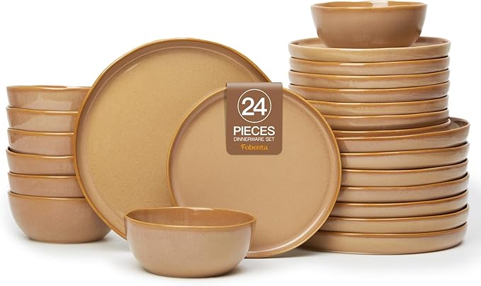 Handcrafted Dish Set for 8,24 Piece Rustic Brown Ceramic Plates and Bowls Set – Vintage-Inspired Dinnerware Sets for Hosting & Everyday Warmth