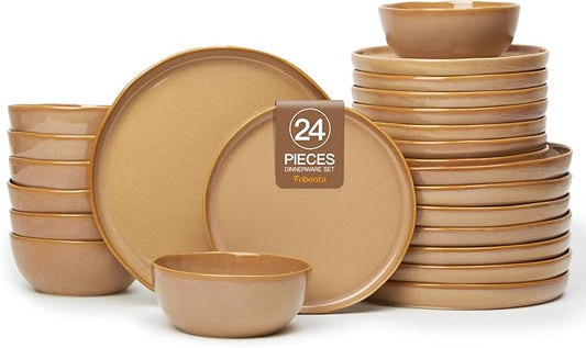 Handcrafted Dish Set for 8,24 Piece Rustic Brown Ceramic Plates and Bowls Set – Vintage-Inspired Dinnerware Sets for Hosting & Everyday Warmth