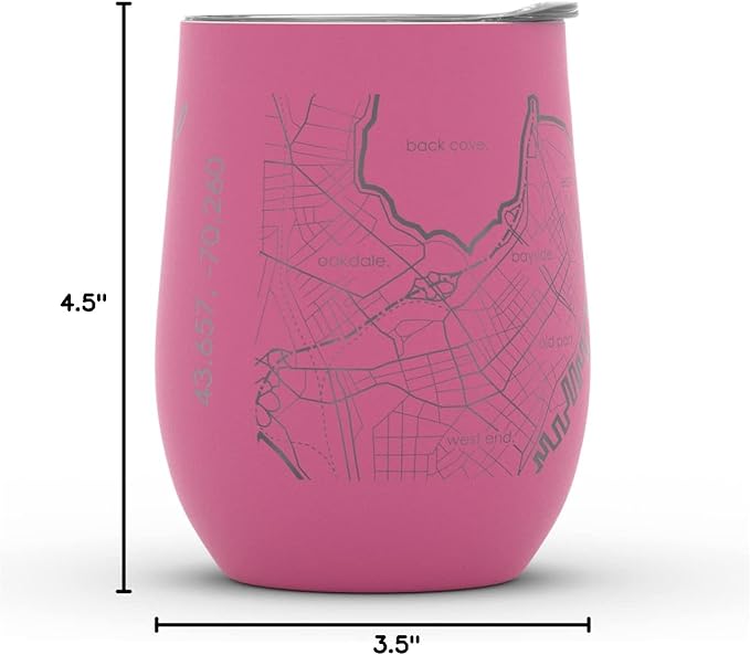 Well Told Engraved Portland Maine Map Insulated Wine Tumbler, Etched Stainless Steel Cup (12 oz, Sunset Pink) City Map Insulated Tumbler, Custom Insulated Tumbler, Outdoor Drinkware