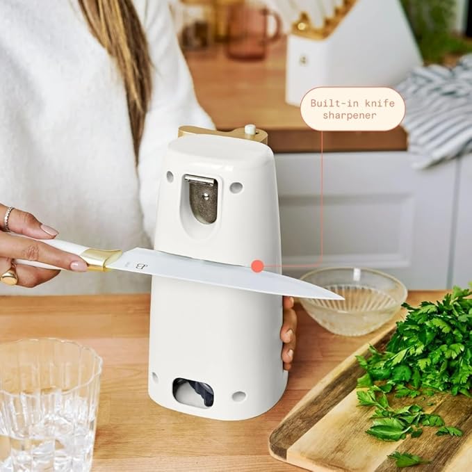 Beautiful Easy-Prep Electric Can Opener, Stainless Steel Blade, Built-in Knife Sharpener, Auto-Stop Safety, Cord Storage by Drew Barrymore (White)