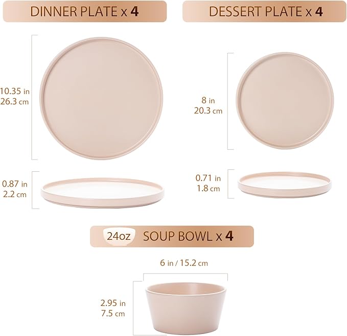 Dinnerware Sets for 4 - CJDC-QUELO 12-Piece Stoneware Plates and Bowls Sets, Ceramic Dishware Sets for Kitchen Use and Formal Dining, Chip and Scratch Resistant Microwave Dishwasher Safe, Brown