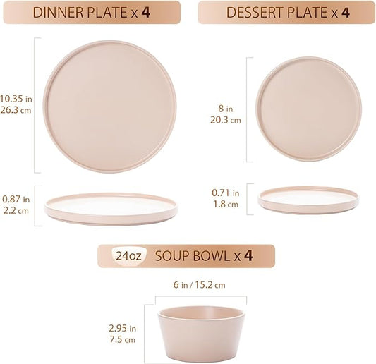 Dinnerware Sets for 4 - CJDC-QUELO 12-Piece Stoneware Plates and Bowls Sets, Ceramic Dishware Sets for Kitchen Use and Formal Dining, Chip and Scratch Resistant Microwave Dishwasher Safe, Brown