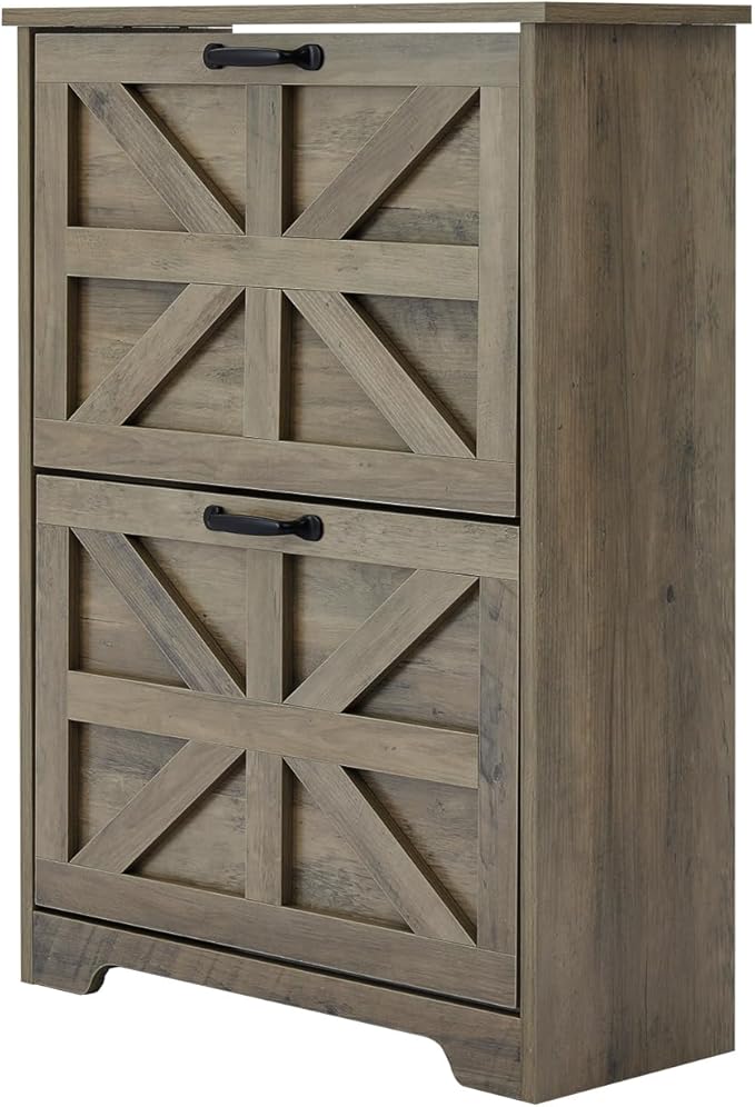 Shoe Storage Cabinet with Bench, Farmhouse Shoe Organizer with Barn Door Design, Space-Saving Hidden Narrow Shoe Rack Cabinet for Entryway, Hallway & Foyer，White