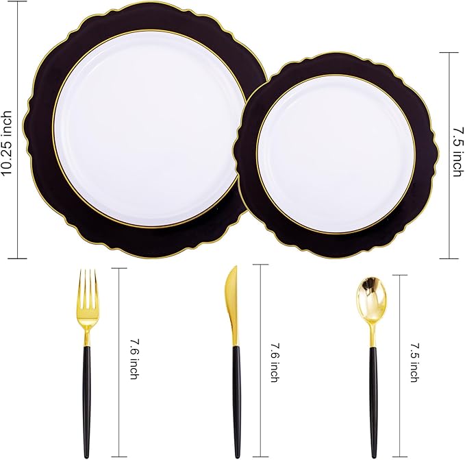 WDF 30Guest Black and Gold Plastic Plates - New Year Plates - Gold Plastic Silverware With Black Handle Baroque Black and Gold Disposable Dinnerware for New Year &Parties