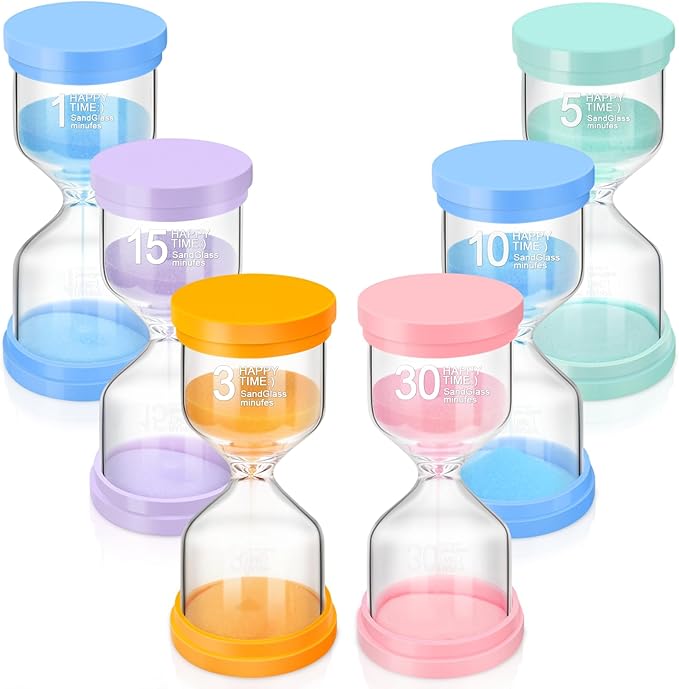 Sand Timer, 6 Colors Hourglass Sand Timers 1/3/5/10/15/30 Minutes Colorful Sandglass Timer Sand Clock Timer for Classroom Games Home Office Decor Cooking with Protective Cover, 6 Pack