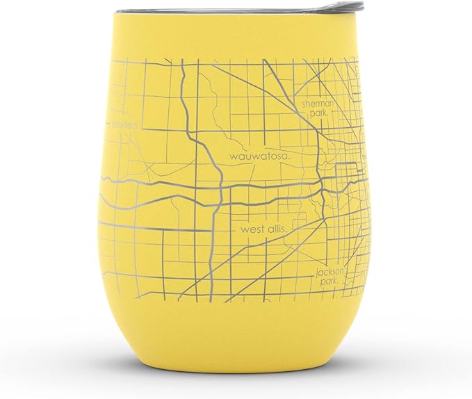 Well Told Engraved Milwaukee Wisconsin Map Insulated Wine Tumbler, Etched Stainless Steel Cup (12 oz, Sunrise Yellow) City Map Insulated Tumbler, Custom Insulated Tumbler, Outdoor Drinkware