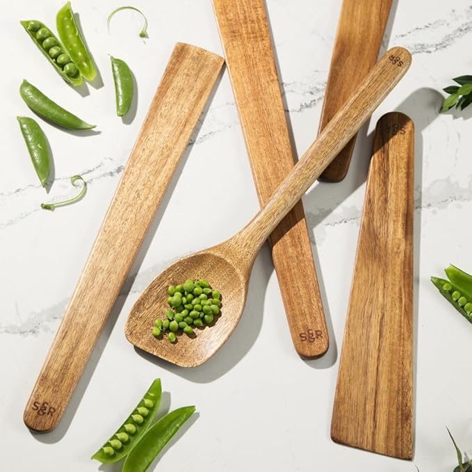 SLATE & ROYCE 5-Piece Acacia Wood Utencil Set, Non-Toxic Wooden Kitchen Tools with Tapered Edges, Heat-Resistant, For Non-Stick Frying Pan, Cast Iron Skillet, Flat Spatulas, Scraper & Spoon Set