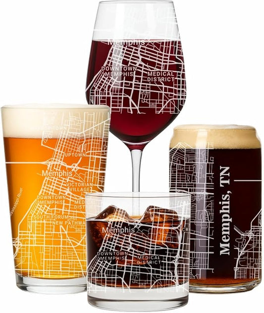 Blue Ridge Mountain Gifts - Memphis Souvenir - Tennessee Glassware Gift, Etched City Map, Laser Engraved and Dishwasher Safe