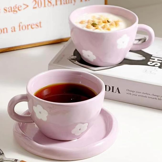 Coffee Mugs Set with Saucer Cute Purple Flowers Cup Gifts for Women for Birthday Tea Coffee Mug Saucer 250 ML Ceramic Cup Birthday Gift for Women Girls Mom Friend Coffee Mug aucer Set