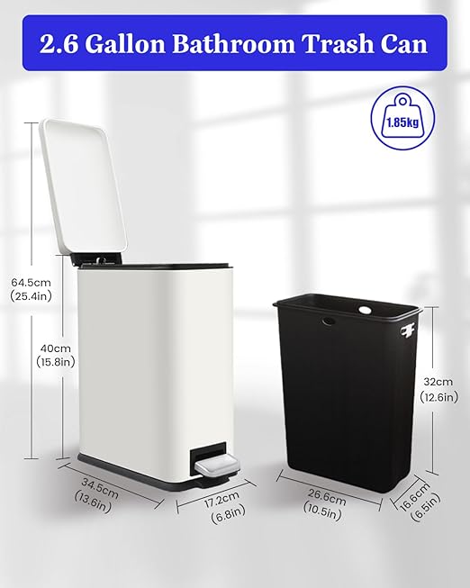 Bathroom Trash Can, 10L/2.6 Gallon Trash Can with Lid, Stainless Steel Garbage Can with Removable Liner Bucket, Soft Close Lid, Rectangle Trash Bin for Office, Kitchen, Bedroom, White