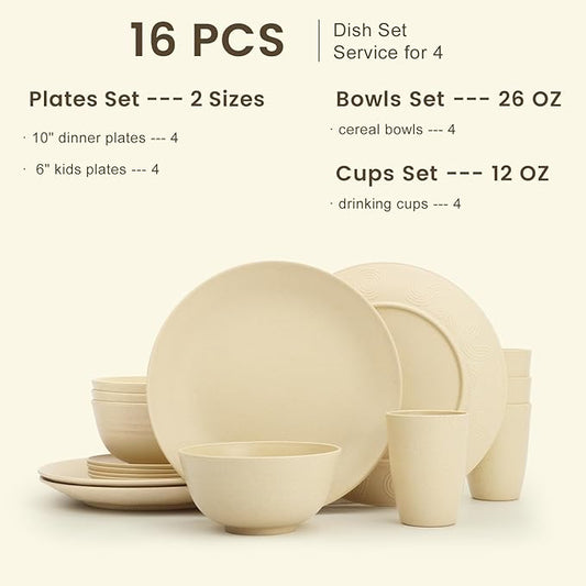 Homienly Premium Wheat Straw Dinnerware Sets, Lightweight & Unbreakable Plates and Bowls Sets,Cups,Service for 4,Dishwasher and Microwave Safe 16 PCS Dish Sets for Home，Camping- Beige