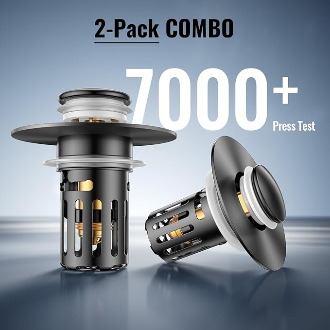 (2 Pc) Bathroom Sink Stopper-All Metal Sink Stopper-Universal Fit 99% Bathroom Stopper with Removable Stainless Steel Hair Catcher- Basin (1.1'' to 2.36'' inch) - Black