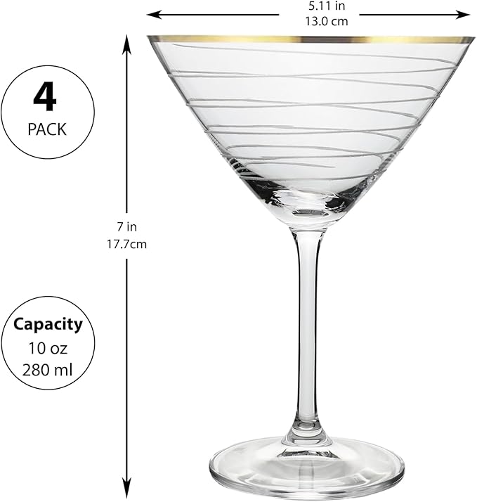 Gold Rim Crystal Martini Glasses | Set of 4 | 10 Ounce | Different Etched Designs, Bohemia Crystal Cocktail Glassware, EU-Made Elegant for Gifts & Entertaining