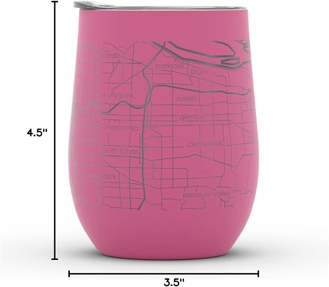 Well Told Engraved Portland Oregon Map Insulated Wine Tumbler, Etched Stainless Steel Cup (12 oz, Sunset Pink) City Map Insulated Tumbler, Custom Insulated Tumbler, Outdoor Drinkware