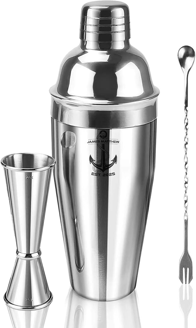 Personalized Cocktail Shaker Set 24oz - Custom Engraved Stainless Steel Martini & Drink Shaker with Built-in Strainer, Measurements & Spoon - Unique Bar Shaker & Mixology Kit for Bartenders (Anchor)