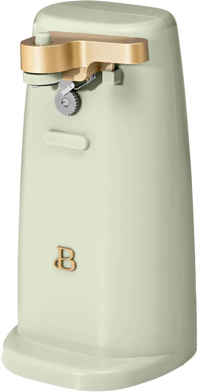 Beautiful Easy-Prep Electric Can Opener, Stainless Steel Blade, Built-in Knife Sharpener, Auto-Stop Safety, Cord Storage by Drew Barrymore (Sage green)