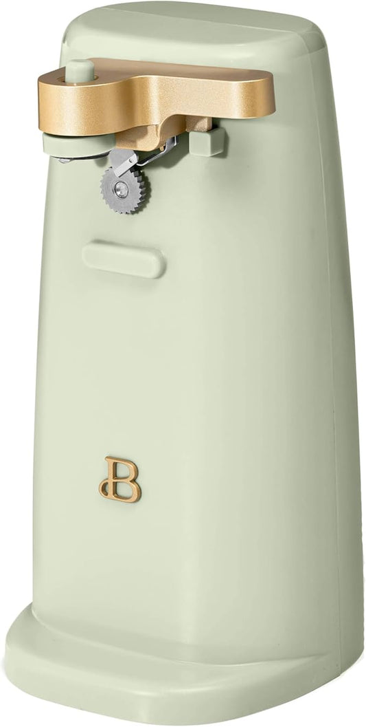 Beautiful Easy-Prep Electric Can Opener, Stainless Steel Blade, Built-in Knife Sharpener, Auto-Stop Safety, Cord Storage by Drew Barrymore (Sage green)