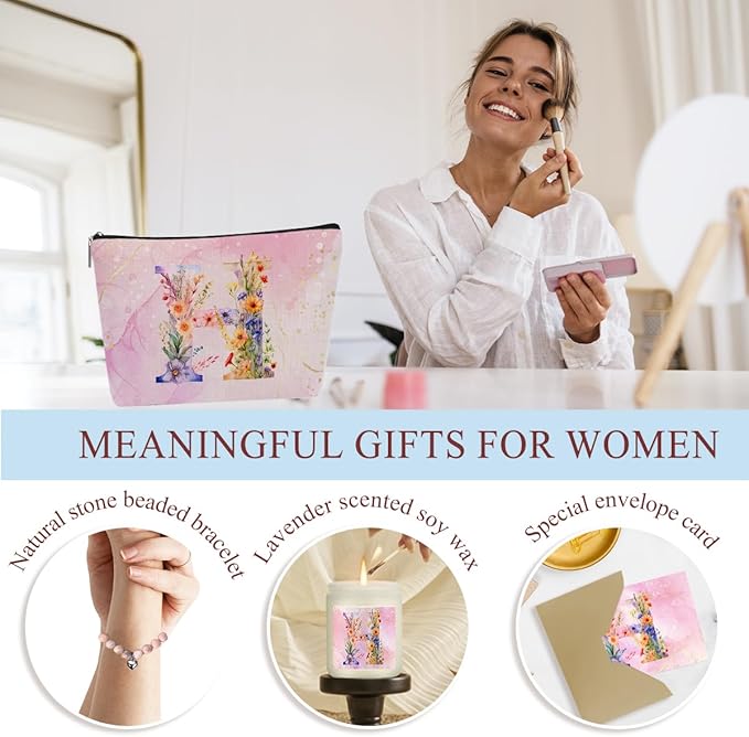 Personalized Gifts Monogrammed Birthday Gifts for Women, Bridesmaid Bachelorette Party Christmas Initial Wine Tumbler Makeup Bag Scented Candle Bracelet Set, (Aesthetic Pink Flower H)