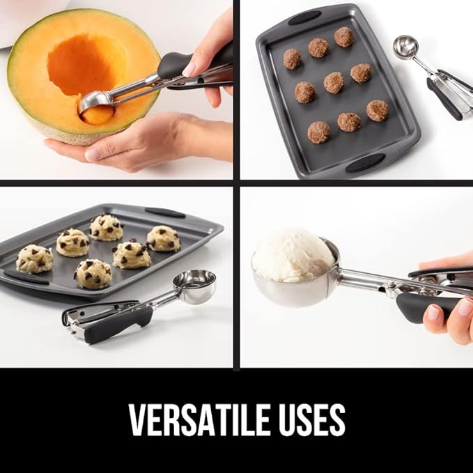 GORILLA GRIP BPA-Free Stainless Steel Cookie Scoop, 3 TBSP Scooper #20, Soft Grip Handle, Easy Food Release, Create Even Portion Sizes, Multipurpose Kitchen Melon Baller, Meatball Spring Scoops, Black