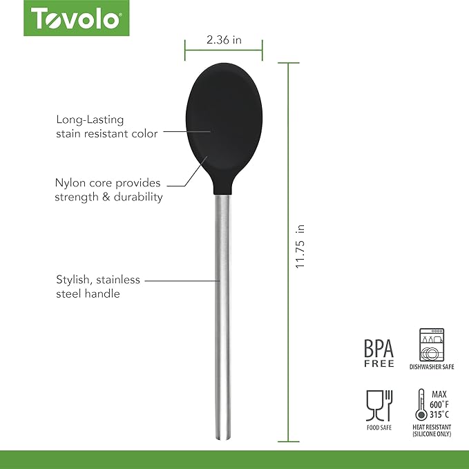 Tovolo Mixing Spoon Stainless Steel Handle Scratch Resistant Non Stick Safe Kitchen Utensil for Cooking Baking Serving Stirring, Heat Resistant Silicone Stirring Spoon with Metal Handle Black