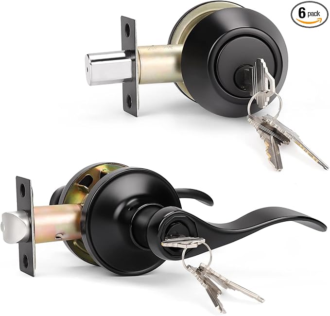 KNOBWELL 6 Pack Keyed Alike Entrance Door Lever Door Handle Exterior Door Lock Set with Single Cylinder Deadbolt Reversible for Right and Left Handing Doors
