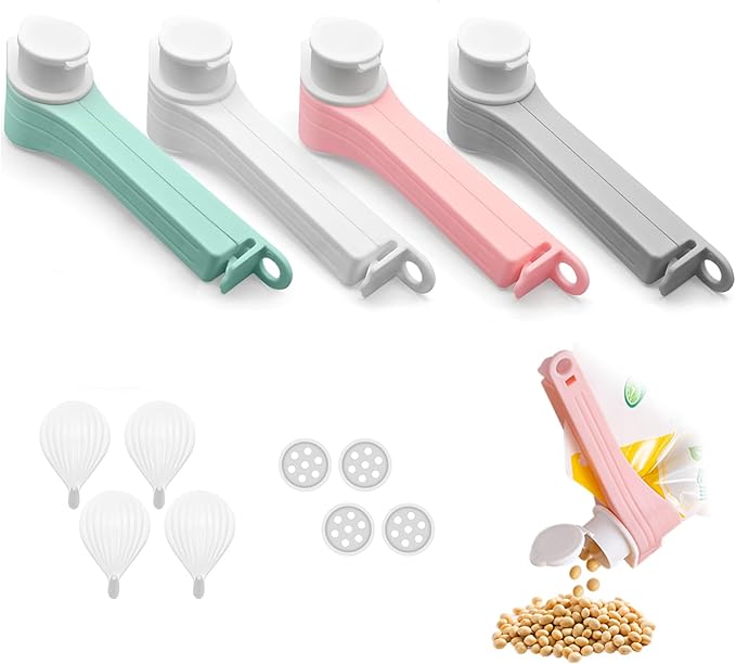 4pcs Bag Spout Clip,for Food,Snack Sealing Clips with Pour Spouts,Kitchen Chip Bag with Adhesive Hooks, for Cereal Kitchen Food Storage Organizer Kit-SMALL
