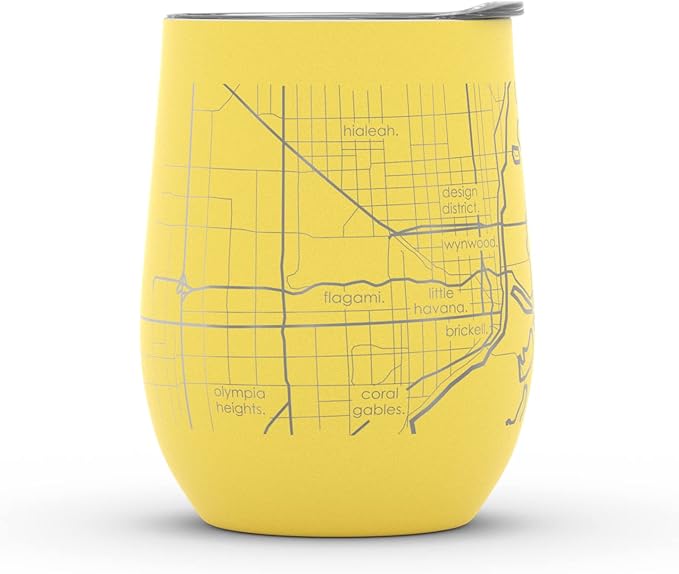 Well Told Engraved Miami Florida Map Insulated Wine Tumbler, Etched Stainless Steel Cup (12 oz, Sunrise Yellow) City Map Insulated Tumbler, Custom Insulated Tumbler, Outdoor Drinkware