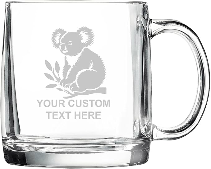 Koala, Personalized 12.5 oz Polar Camel Glass Coffee Desk Mug – Custom Laser Engraved Clear Cup for Tea, Espresso, Latte, Whiskey - Microwave Safe/Made in USA