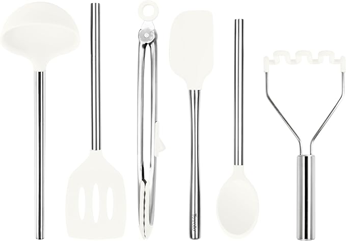Tovolo Silicone Cooking Utensil Set of 6 White Ladle Slotted Turner Tongs Flex Core Spatula Scraper Mixing Spoon and Potato Masher, Dishwasher Safe Non Toxic BPA Free Silicone Kitchen Utensils