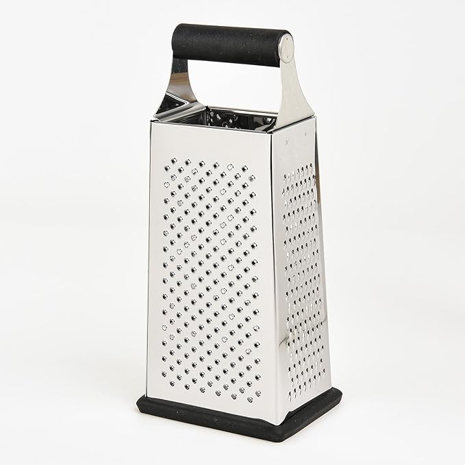 9" 4-Sided Cheese Grater with Soft Touch Handle, Stainless Steel, Rust Proof & Dishwasher Safe