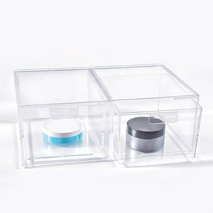 2 Pack Clear Stackable Makeup Organizer, Acrylic Bathroom Storage Drawers with Handles for Vanity, Kitchen Cabinets, Undersink, Pantry, Home Organization and Storage