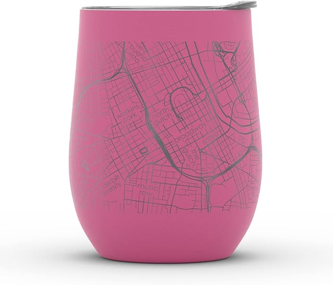 Well Told Engraved Nashville Tennessee Map Insulated Wine Tumbler, Etched Stainless Steel Cup (12 oz, Sunset Pink) City Map Insulated Tumbler, Custom Insulated Tumbler, Outdoor Drinkware