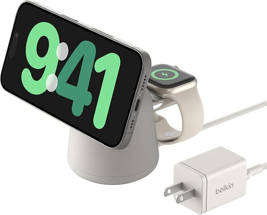 Belkin 2-in-1 Qi2 Wireless Charging Dock 15W Fast Charge iPhone Charger Compatible with iPhone 17, 16, 15, 14, and 13 Series, AirPods, and Other Qi2 Enabled Devices, Includes Power Supply - Sand